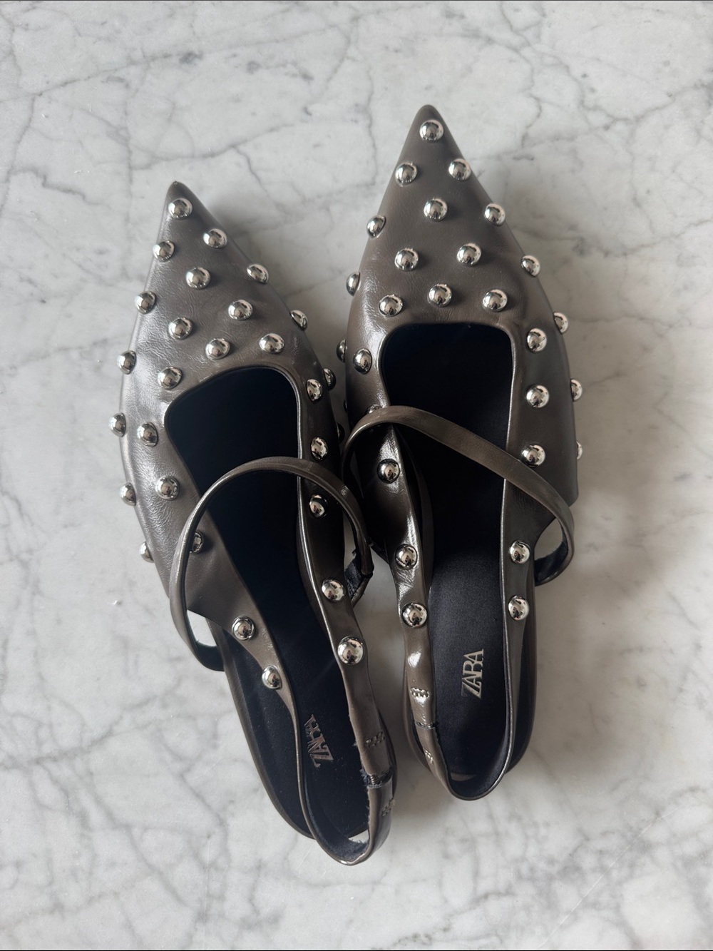 Zara Gunmetal Pointed Slingback Flats with Silver Studs